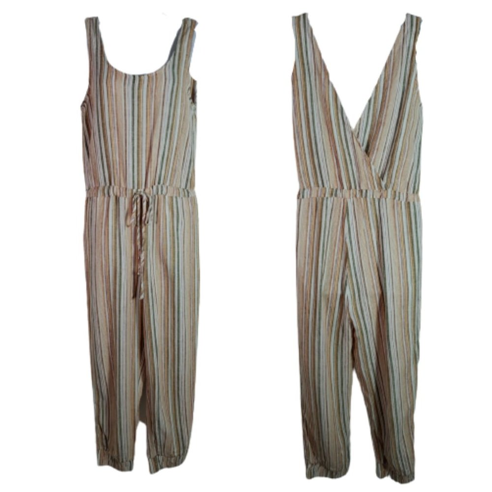 Drew Linen Cropped Jumpsuit Small Surplice Top Pockets Elastic Waist Orange